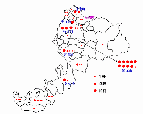 福井県における窪田姓分布図